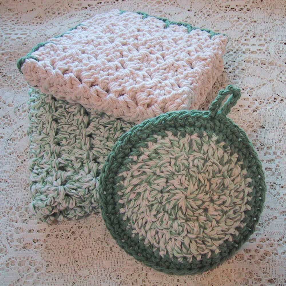 Country Kitchen Set 3 Piece - Veggie Scrubber and 2 Dish Cloths - Handmade Crocheted Cotton Yarn - Natural Ecru & Sage Colors - eco friendly