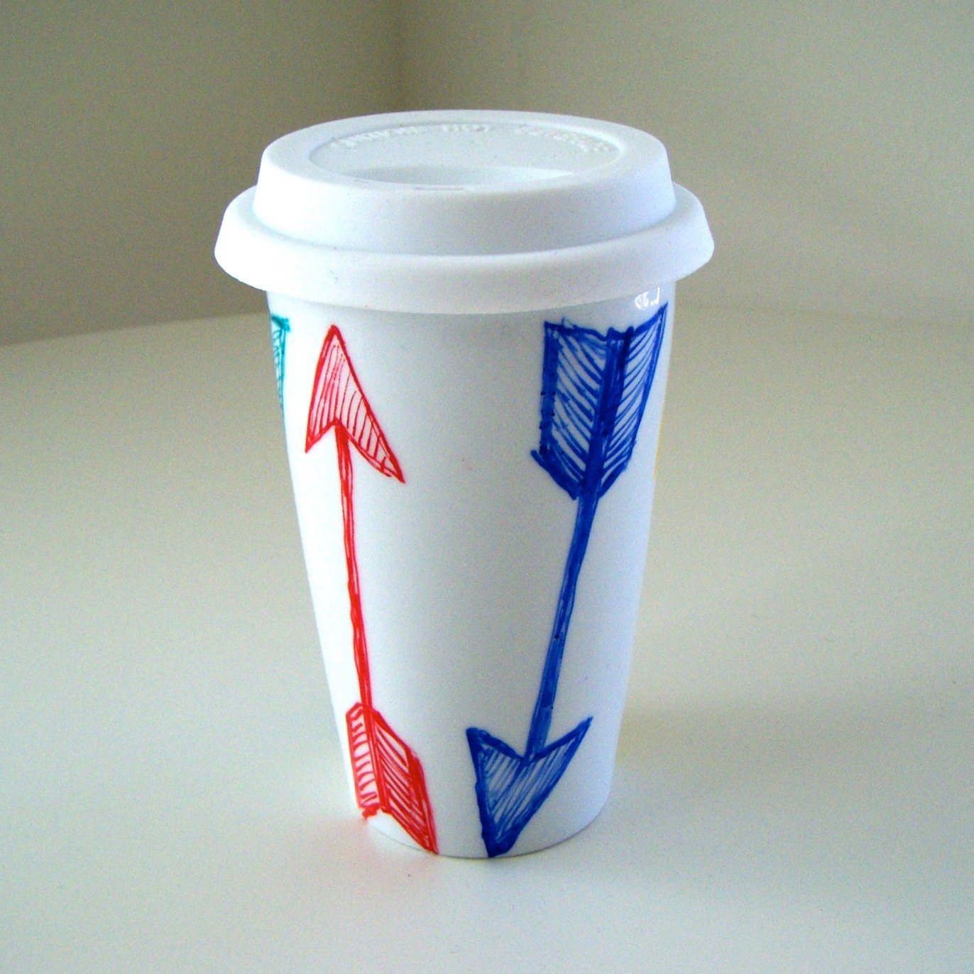 Valentine's Day Ceramic Travel Mug Eco Friendly Cup Arrows White Red Blue Yellow Orange Turquoise Painted by sewZinski on Etsy