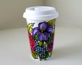 Ceramic Coffee Travel Mug Painted Flower Garden Botanical Roses Daisies Iris nature illustrated by sewZinski on Etsy