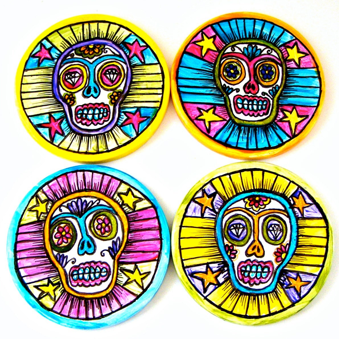 Ceramic Coaster Set Sugar Skull Day of the Dead Folk Art Tattoo Hand Painted Pink Yellow Turquoise