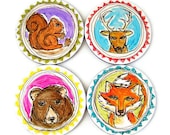 Round Art Tiles Ceramic Coasters Woodland Animal Fox Deer Bear Squirrel Painted round Triangles - Black Friday Etsy Cyber Monday Etsy