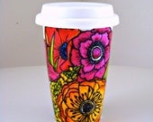 Ceramic Travel Mug Flowers Poppy Garden Spring Botanicals Nature Hand Painted Red Orange Purple Pink - Made to Order