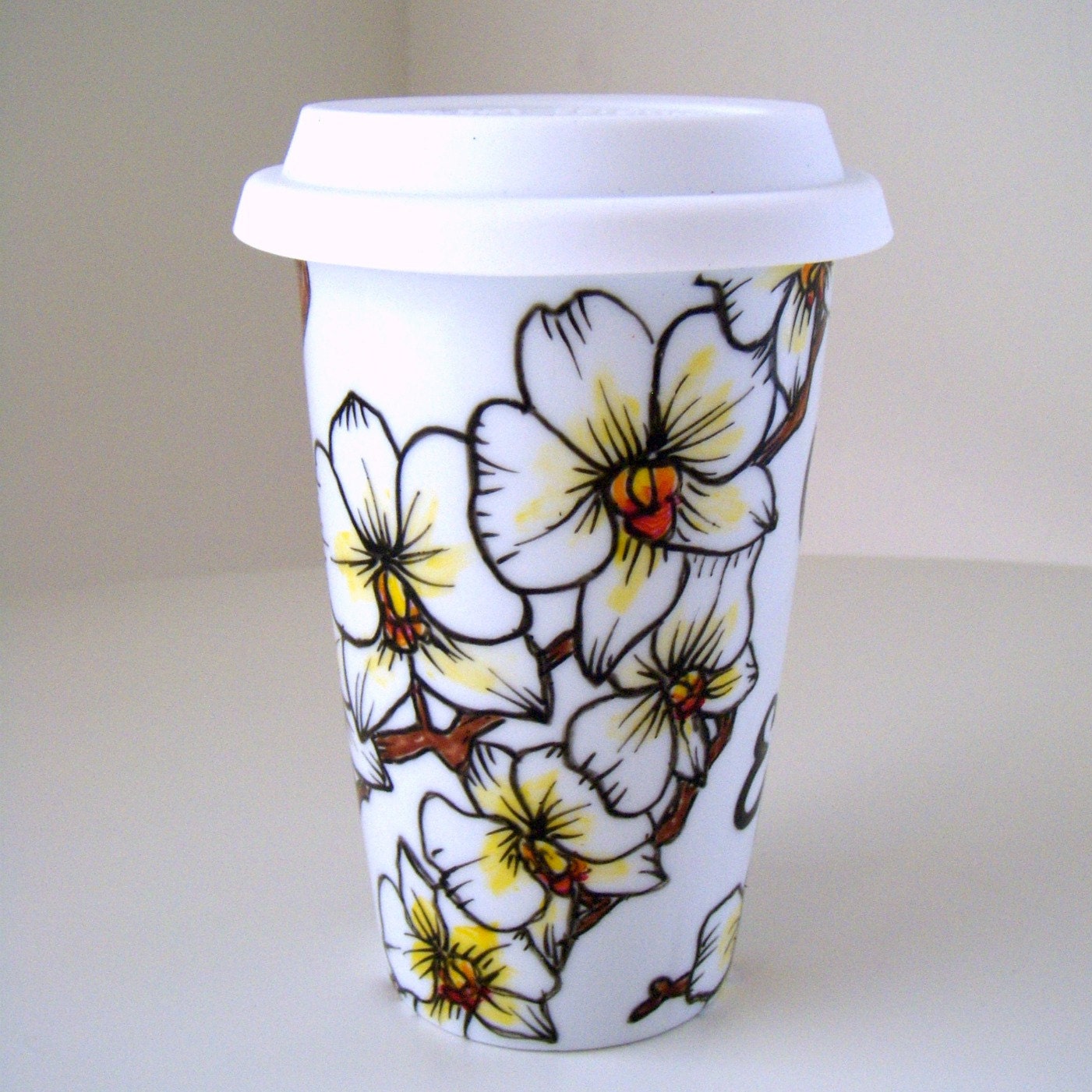Mother's Day Ceramic Travel Mug White Orchids Tropical Painted Flowers Botanical Eco Friendly - READY TO SHIP