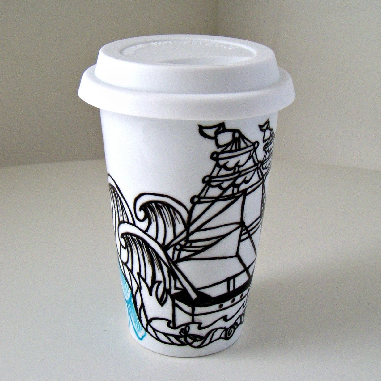 Ceramic Travel Mug Eco Friendly Ship Tattoo Nautical Sailor pirate black white Painted by sewZinski on Etsy