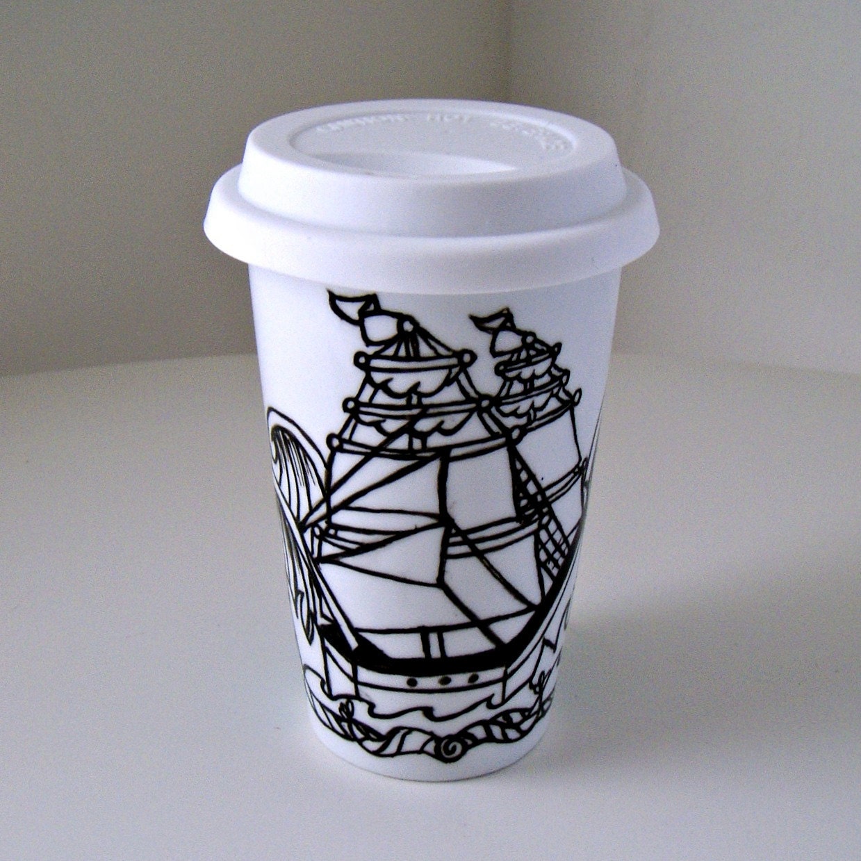 Father's Day Ceramic Travel Mug Nautical Ship Tattoo Sailor Ocean Waves eco cup Painted black white Aqua Blue scales scallops
