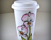 Ceramic Travel Mug Orchids Flowers Botanicals Nature Eco Friendly Painted Tropical pink blush green white yellow by sewZInski