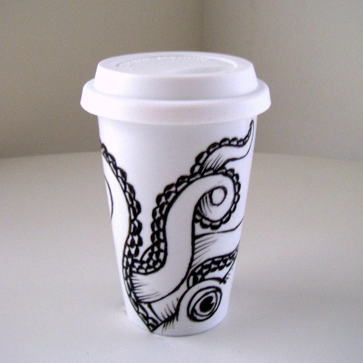 Father's Day Mug Octopus Ceramic Travel Mug Sea Creature Kraken Tentacles Black and White Nautical Painted illustration