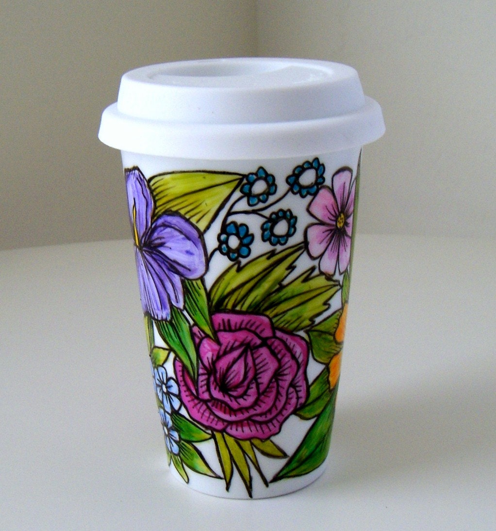 Ceramic Travel Mug Flowers Floral Botanical Garden Roses Daisies Iris nature painted by sewZinski on Etsy