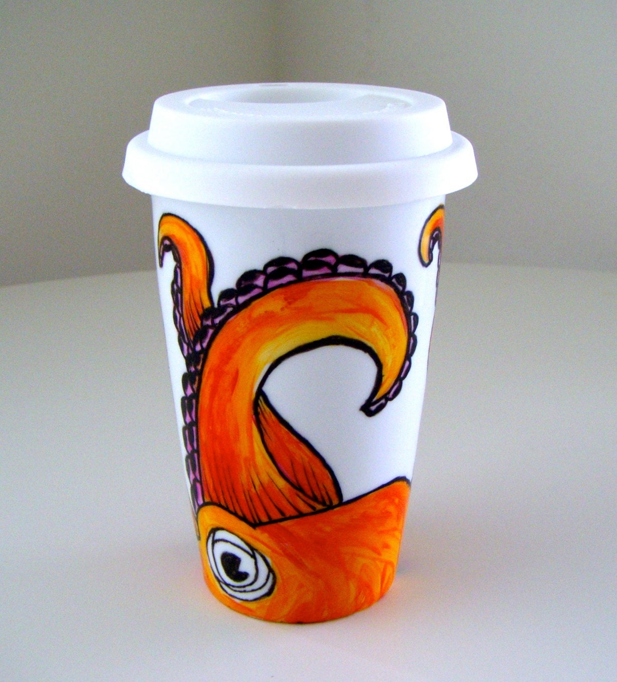 Octopus Ceramic Travel Mug Orange Tentacles Nautical Sea Creature Kraken Painted  by sewZinski on Etsy