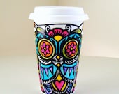 Ceramic Travel Mug Owl Day of the Dead Tribal Tattoo Folk Art hand painted mexican sugar skull Dia de los muertos