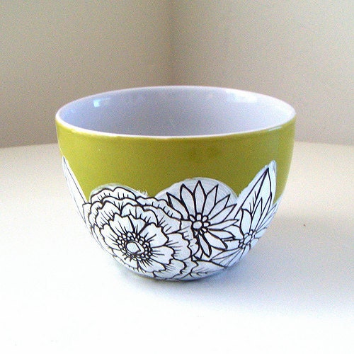 Green Ceramic Bowl - Spring Flowers -  Black White Botanicals - Painted Floral - Housewarming - Wedding Gift - READY TO SHIP