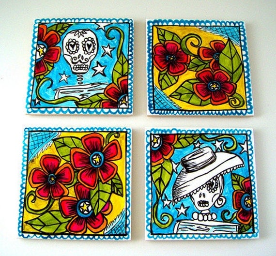Ceramic Coasters Tiles Day of the Dead Sugar Skulls Folk Art Flowers Mexican dia de los muerto calavera hand painted
