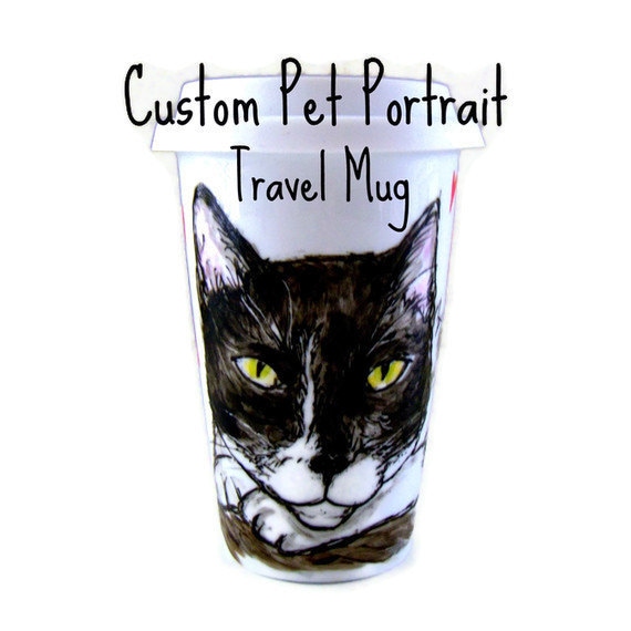 Pet Portrait Custom Ceramic Travel Mug Cat Dog Bird Puppy Kitten Animals Personalize Painted by sewZinski