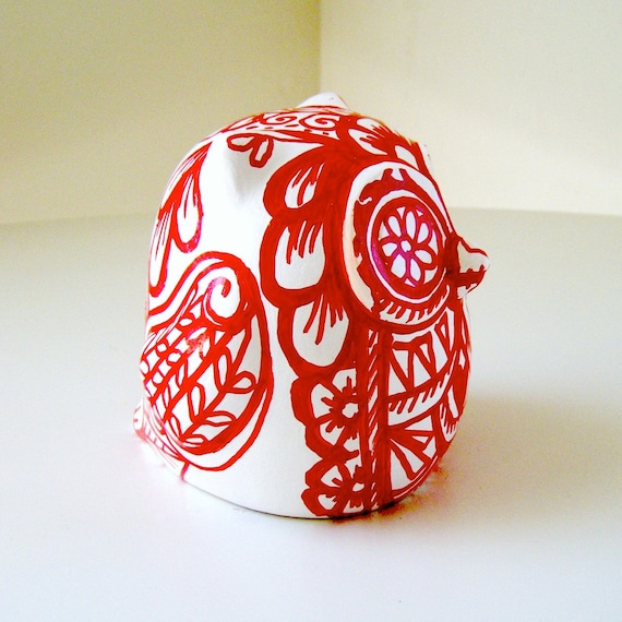 Ceramic Owl Decor Red White Day of the Dead Folk Art Bird Tattoo Animal Painted by sewZinski