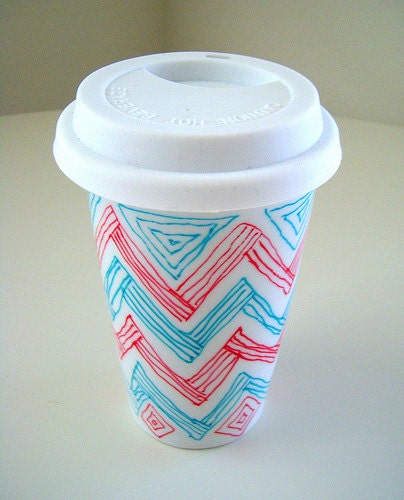 Ceramic Travel Mug Chevron Zig Zag Red Turquoise Triangles Geometric Stripes Modern Eco Friendly