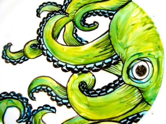 Ceramic Plate Green Octopus Kraken Sea Creature Nautical Decor Hand Painted Tentacles Wall Art Decorative Plate Upcycled