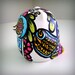 Ceramic Owl Decor Painted Day of the Dead Tattoo Flowers Hearts Folk Sculpture Black White Pink Green Yellow Blue by sewZinski