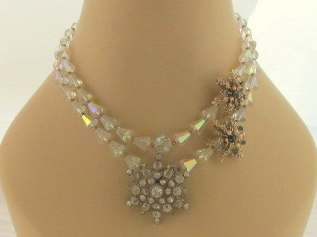 Necklace of Vintage Crystal Beads and Rhinestone Snowflakes and Stars