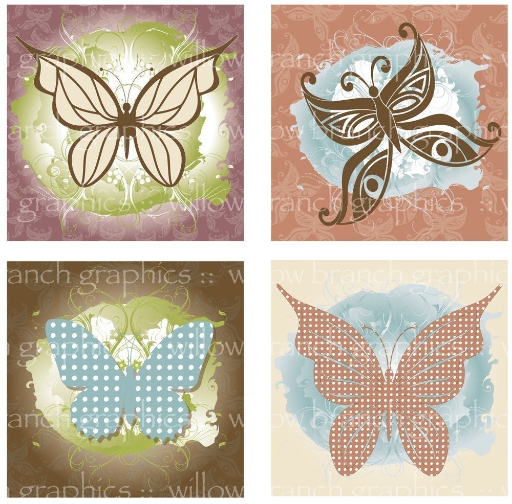 Butterfly Swirls -  Digital Collage Sheet - 7/8 inch Squares - BUY 3 get 1 FREE