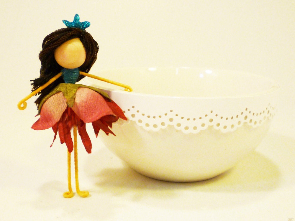 Princess Doilhouse Toy, Flower Fairy Princess Miniature, Dark Pink Waldorf Doll