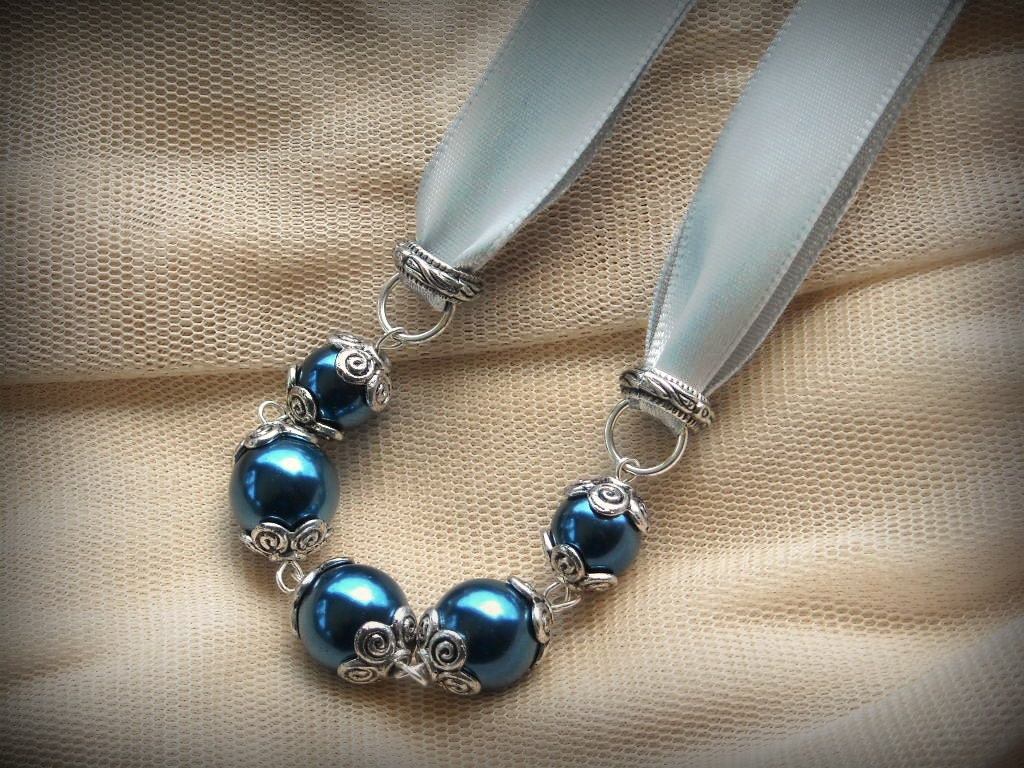 Deep Blue Glass Pearls and Silvery Grey Satin Ribbon necklace with flower caps - PidgApeg