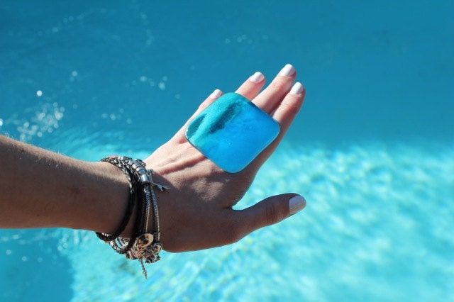 Glass Ring Handmade,  big bold turquoise adjustable cocktail ring, BEACH BABE  2.1 inch