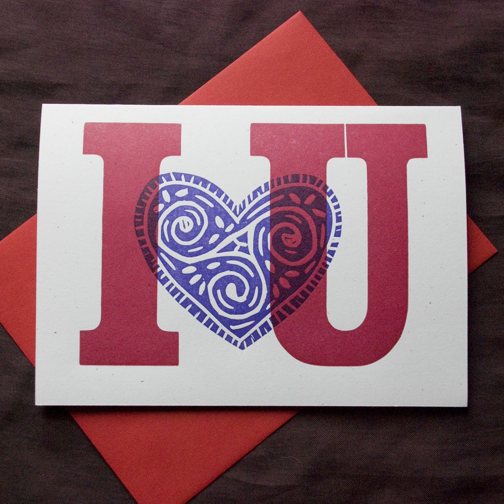 I heart U Letterpress Greeting Card Handprinted From Vintage Wood Type