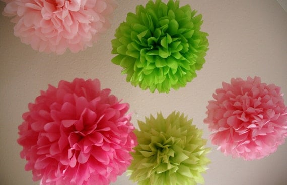 Girl Fun .. 5 Tissue Paper Poms for Birthday Party Decor / Wedding Decor / Nursery