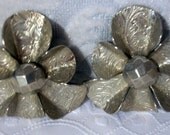 Vintage Pewter Flower Petal Clip On Holiday Sparkly Silver Jewelry Earrings