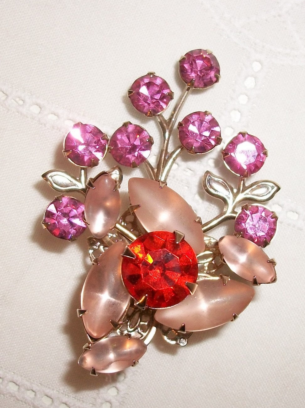 Vintage Orange Satin Pink Rhinestone Womens Brooch Pink Jewelry