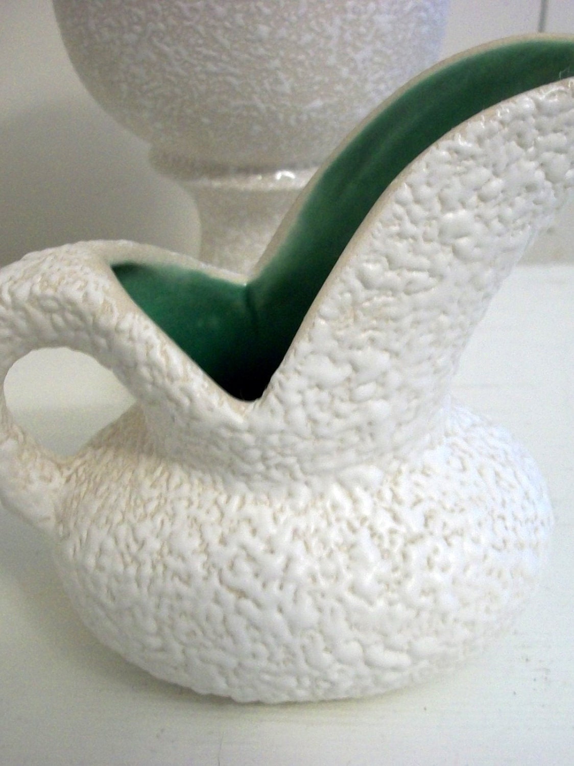 Small Vintage White Pebbled Green Rocky Mountain pottery vase pitcher