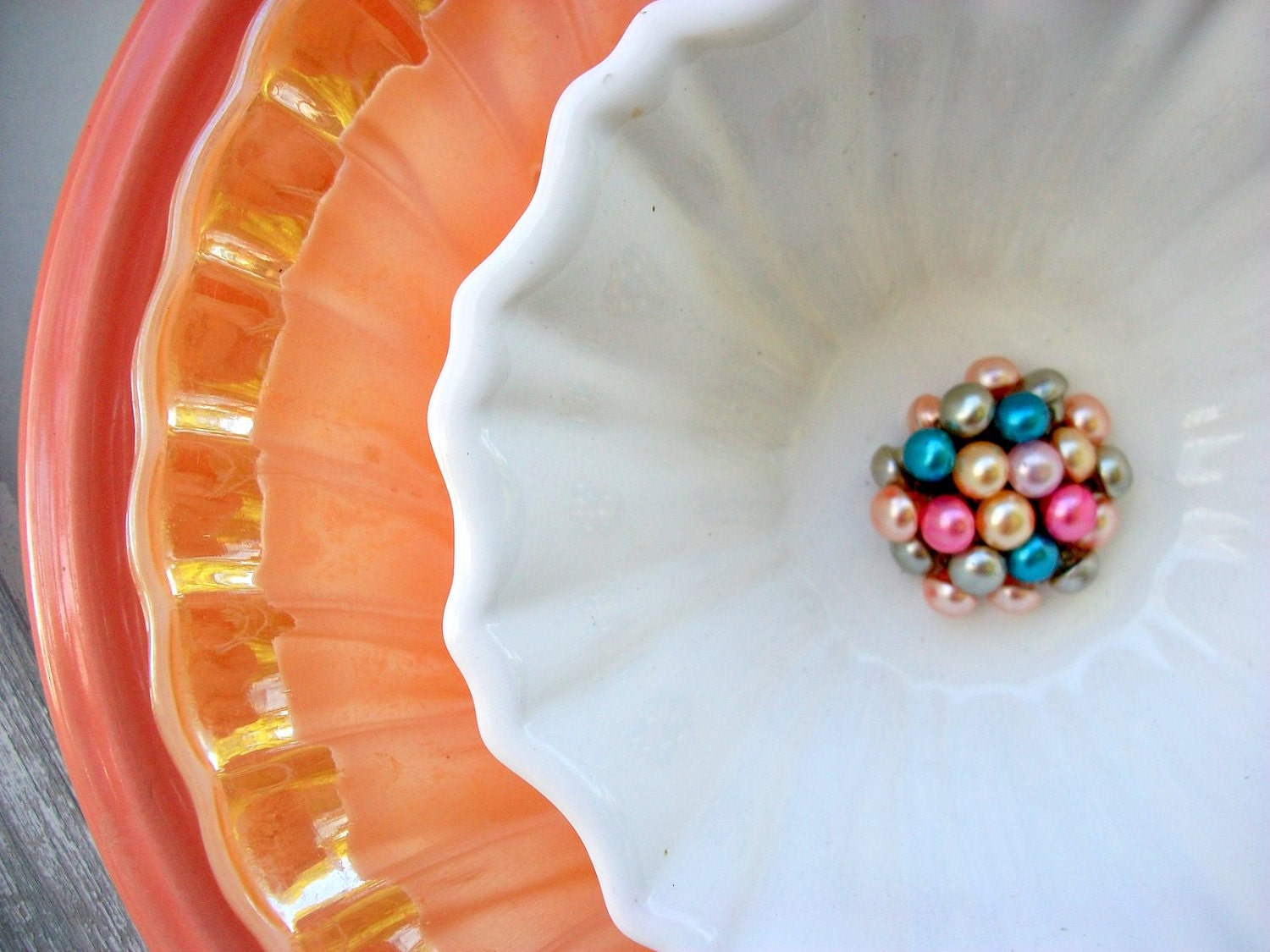 Recycled Garden Wall Hanging Flower Orange vintage Fire King Blue Gold White Garden