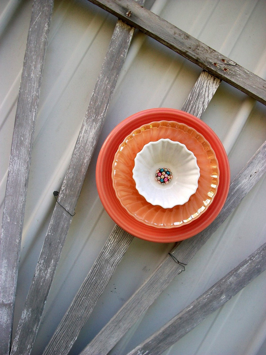Recycled Garden Wall Hanging Flower Orange vintage Fire King Blue Gold White Garden