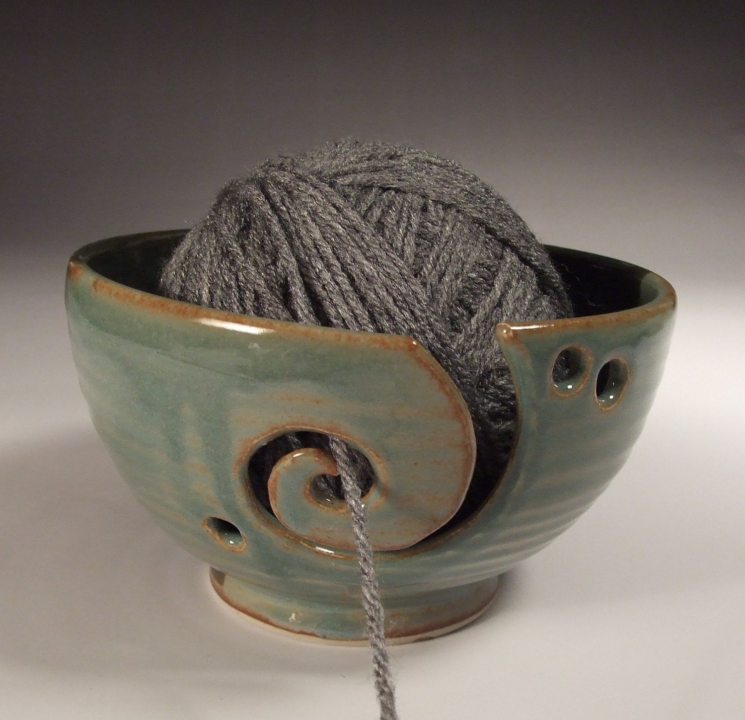 Yarn Bowl in Desert Sage- with swirl and three holes- Ready to Ship