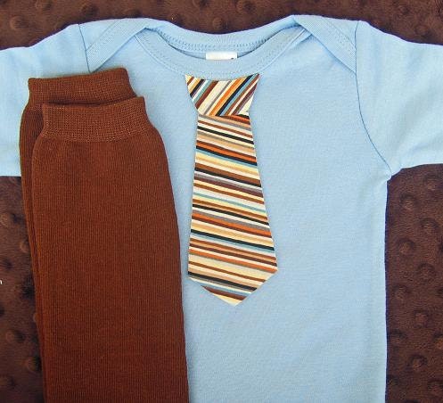 Light Blue Baby Boy Tie Onesie matching brown leg warmers - children, baby clothing 0-3, 3-6, 6-12 and 12-18 months  long or short sleeves