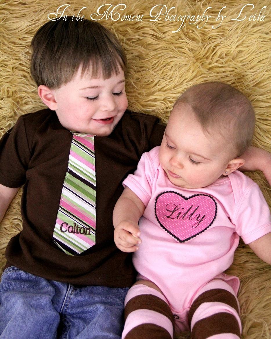 Big Brother, Little Sister Personalized Set for Spring, Summer - Brown Tie Tshirt, Pink Heart Onesie, Leg Warmers - Children, Baby Girl, Boy