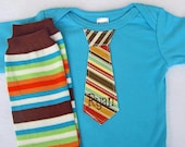 Baby Boy Personalized Tie Onesie and  Matching Leg Warmers SET, 1st Father's Day Aqua/Turquoise, Orange