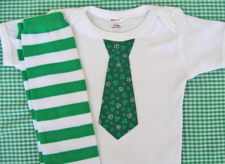 St. Patrick's Day, Spring Baby Boy Tie Onesie, Striped Leg Warmers - children, baby clothing Green, Stripes, Argyle, Shamrock, Dots, Damask