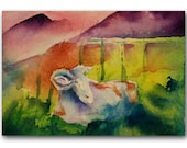 ACEO Art Print, Purple, Green, Yellow, Country, Goats