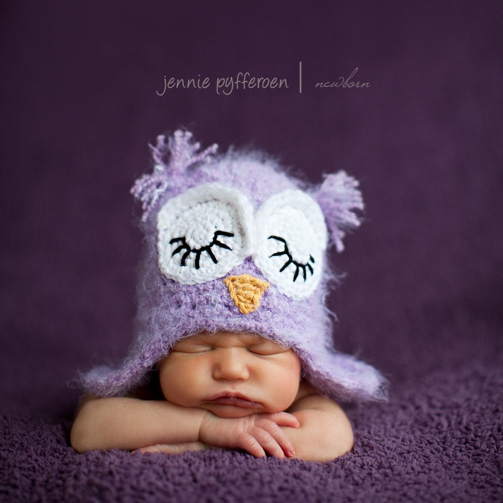 3-6 month size sleeping purple fuzzy owl hat with earflaps