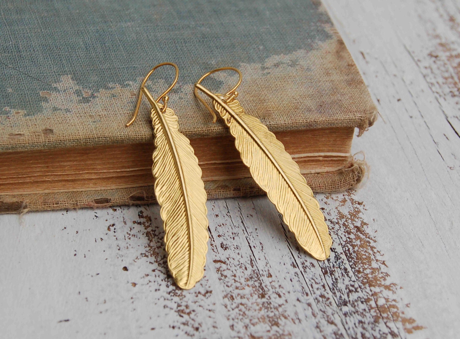Gold FEATHER  EARRINGS Woodland Nature Bird Autumn