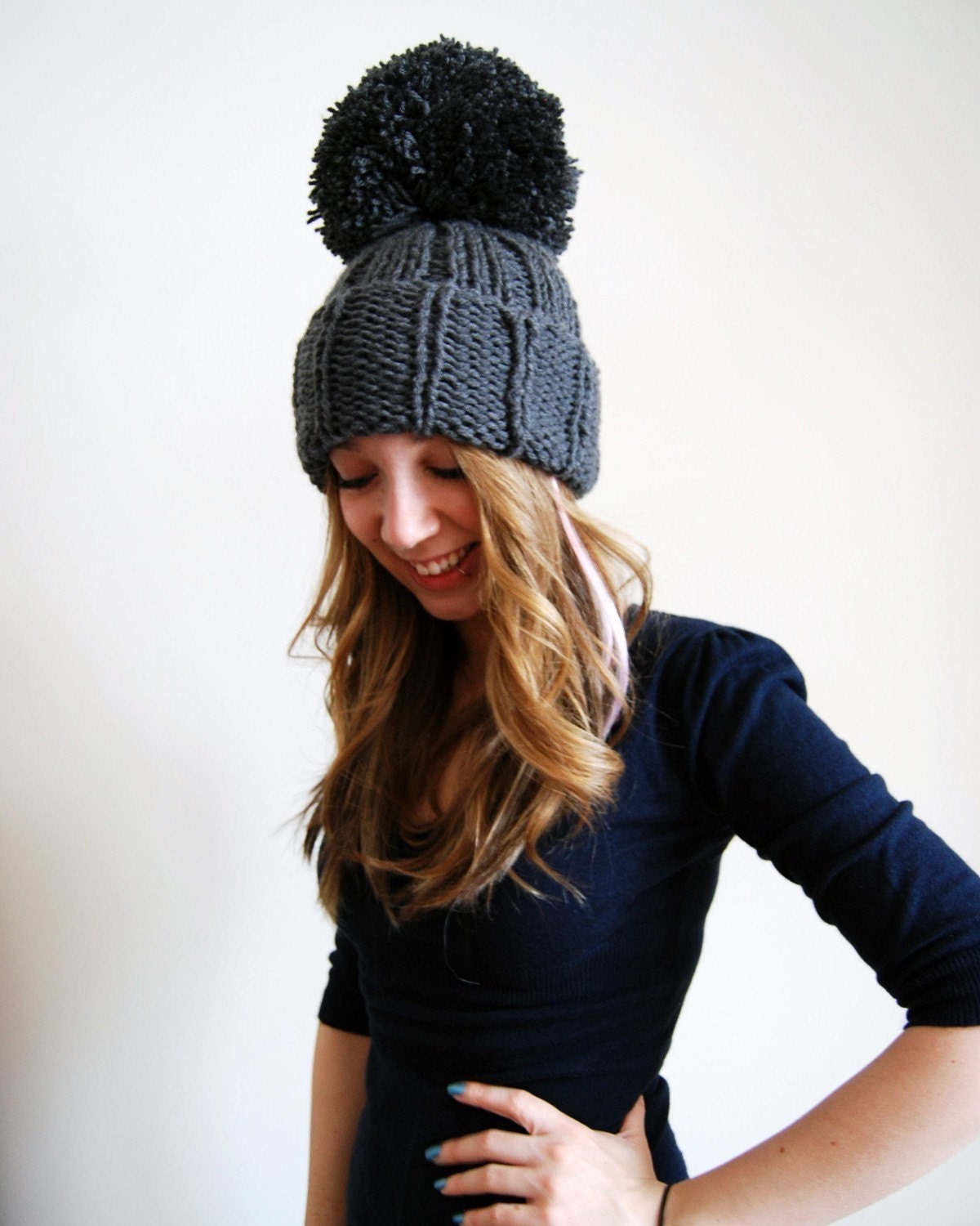 Massive Pom Pom Hat in Dark Grey