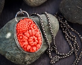 Coral Vintage Japanese Glass Large Pendant on Long Sterling Rolo Chain