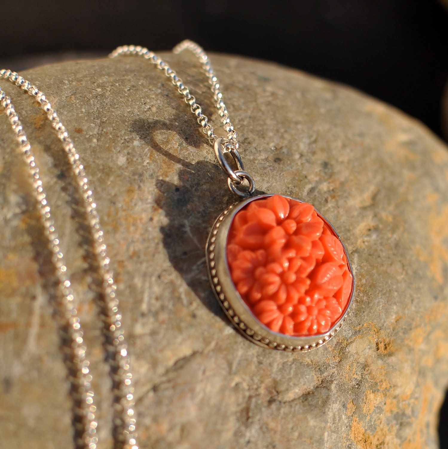 Coral Vintage Japanese Oval Glass Pendant