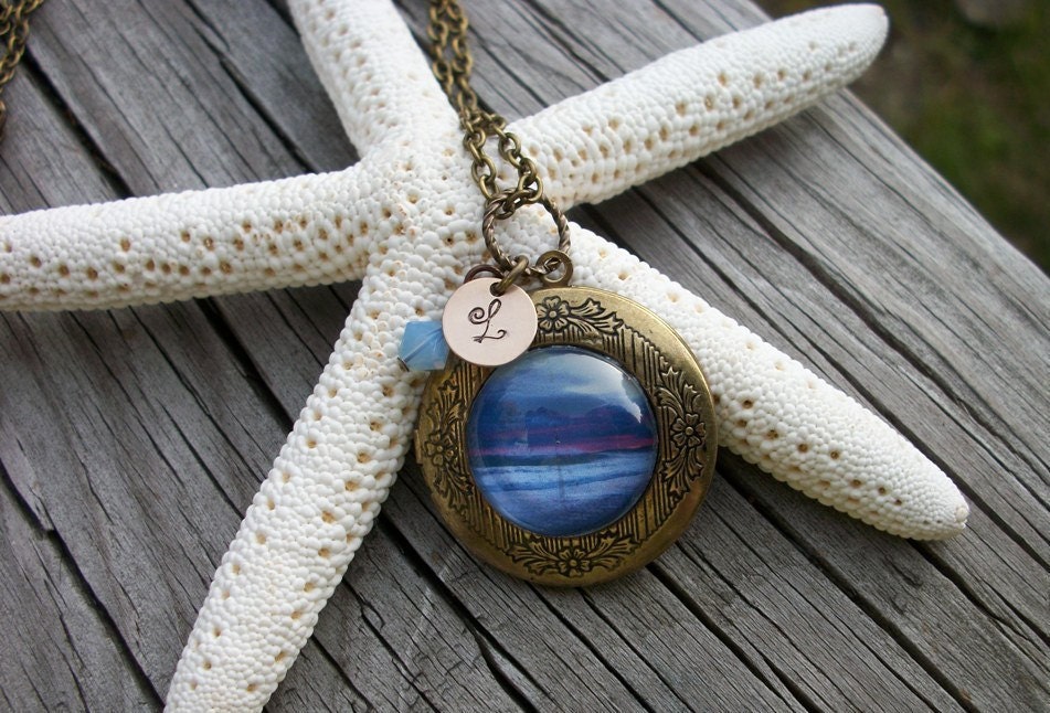 Precious Memories -  Antique Brass Locket - Your Favorite Memory Behind Glass, Stamped Initial, & A Touch Of Bling
