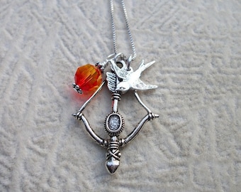 Girl On Fire Necklace - Hunger Games Inspired - Katniss Bow & Arrow - Fire Opal Swarovski Crystal