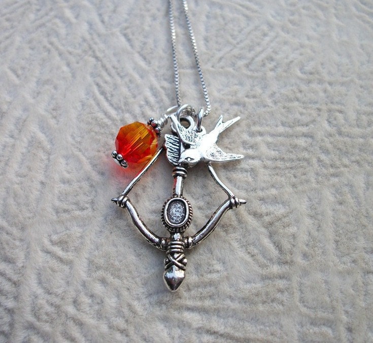 Girl On Fire Necklace - Hunger Games Inspired - Katniss Bow & Arrow - Fire Opal Swarovski Crystal