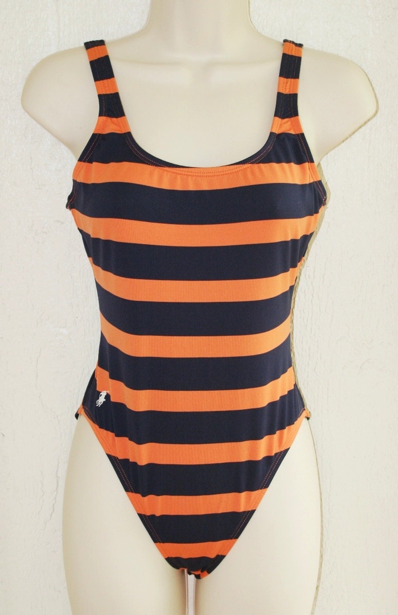 Let's Get Physical - Circa 1980's - High Leg - Swimsuit - Orange and dark navy - Ralph Lauren