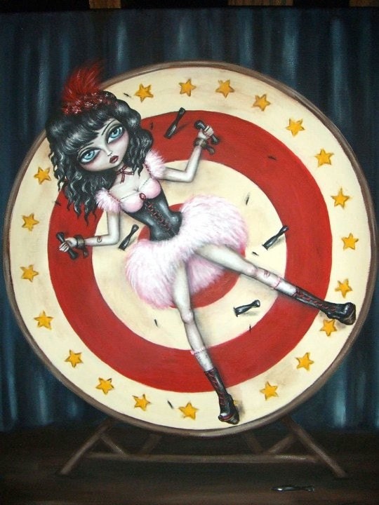 TARGET big eye gothic burlesque knife throwing wheel stunt girl NINA FRIDAY print