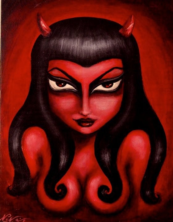 RED HOT big eye gothic seductive pin up devil woman GICLEE PRINT by NINA FRIDAY